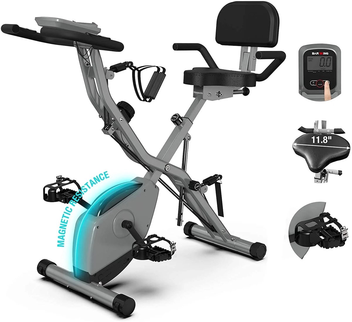 Afbeelding 3 van Opvouwbare Hometrainer met Rugleuning - 16 Magnetische Weerstandsniveaus – Compact Fitnessapparaat voor Thuis - LCD-display - Weerstandsriemen - 160 kg Draagvermogen – Ideaal voor Cardio- en Spiertraining, Stil en Ruimtebesparend