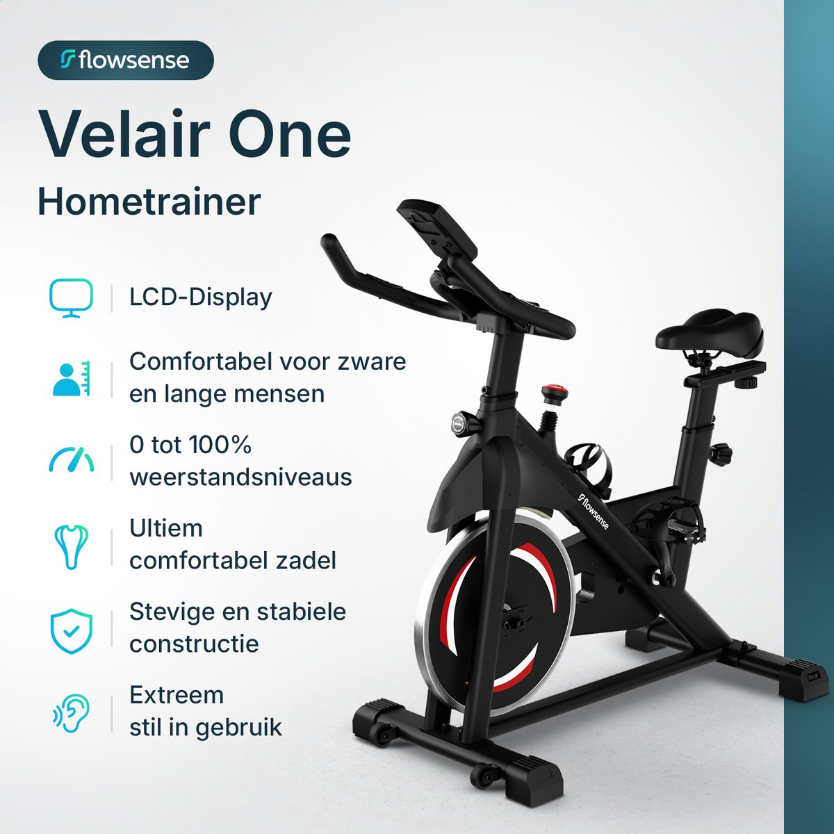 Afbeelding 2 van Flowsense Hometrainer Velair One - Fitness Fiets - Home Trainer met Magnetische Weerstand - Hometrainers Spinningfiets - 3KG Vliegwiel - Incl. Tablethouder