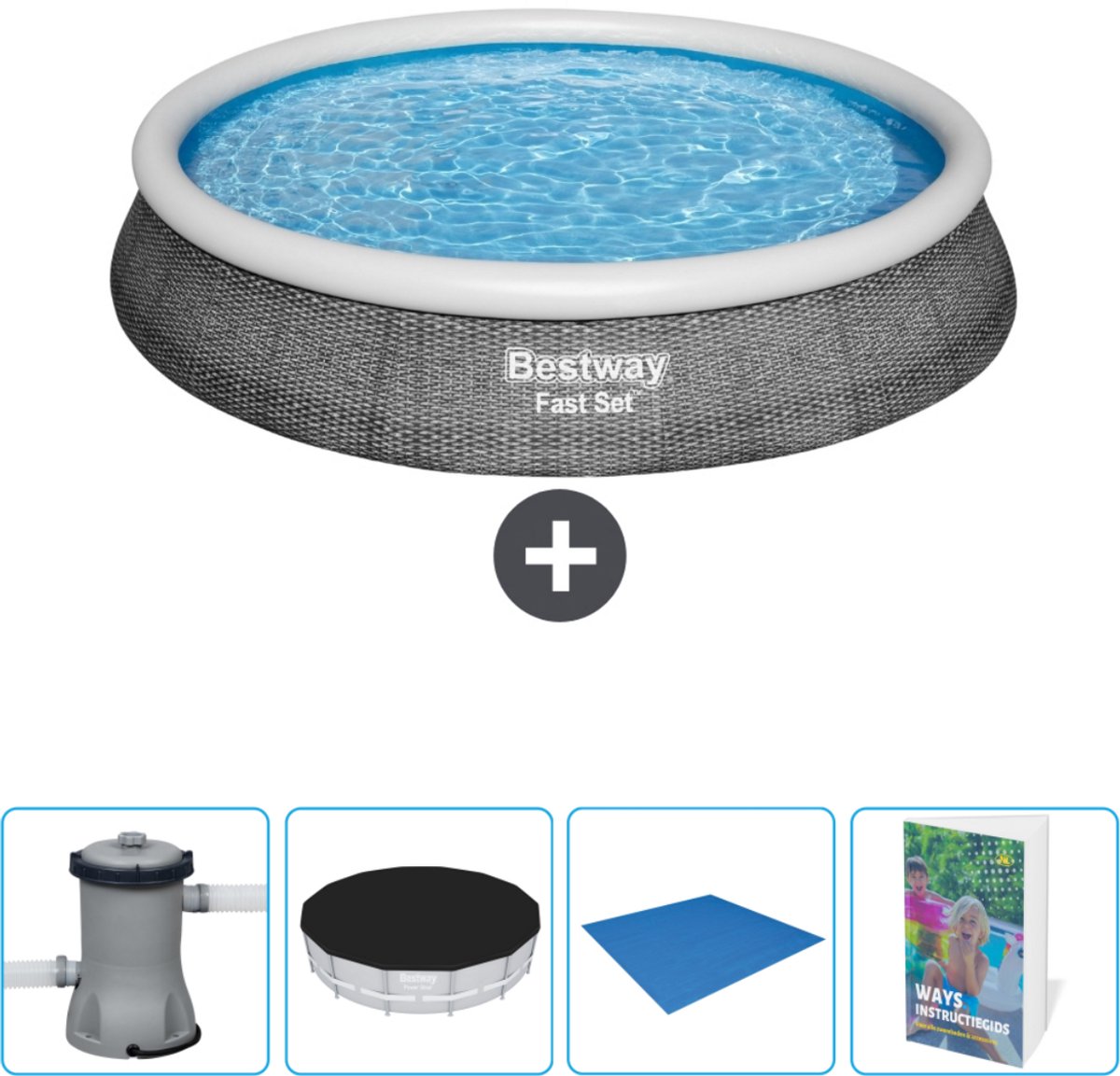 Bestway Rond Opblaasbaar Fast Set Zwembad – Rotanprint – 396 x 84 cm – Inclusief Pomp Afdekzeil – Grondzeil – Zwembadgids