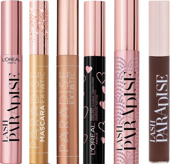 L'Oréal Paris Lash Paradise mascara's in roze, goud, zwart en bruin, met gouden en hartjesdetails.
