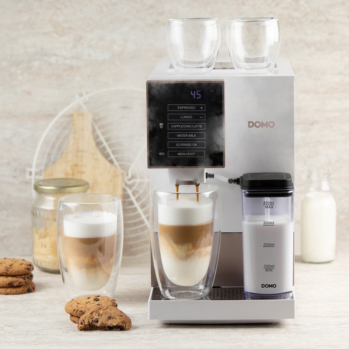 Afbeelding 2 van DOMO DO742K Volautomatische Espressomachine - 4 Soorten Koffie + Heet Water - Melkopschuimer - 19 Bar - Wit