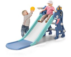 Peuter Glijbaan 3-in-1 – Opvouwbaar Speeltoestel – Glijbaan, Klimrek & Basketbalring – Blauw – Voor 1-3 Jaar