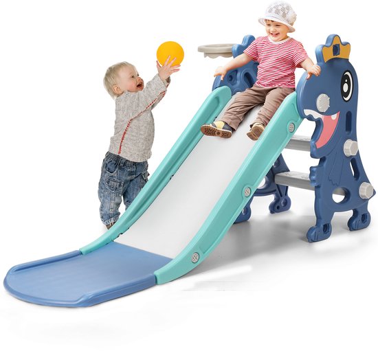 Peuter Glijbaan 3-in-1 – Opvouwbare Kinderglijbaan met Basketbalring & Klimrek – Kunststof Speeltoestel Binnen & Buiten – Voor Kinderen 1-3 Jaar – Speelset Peuterspeelgoed – Blauw