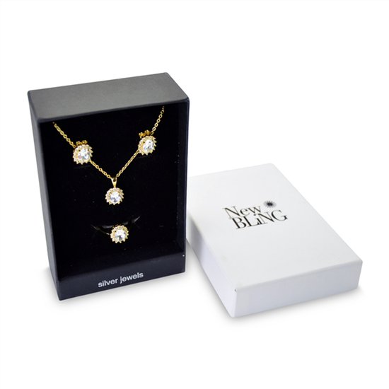 New Bling Gift Set 9NB SET011 50 Bijoux Gift Set - Boucles d' Boucles d'oreilles en argent 6x8 mm Collier 40 + 5 cm Taille de Ring 50 - Solitaire Zirconia stone - Doré