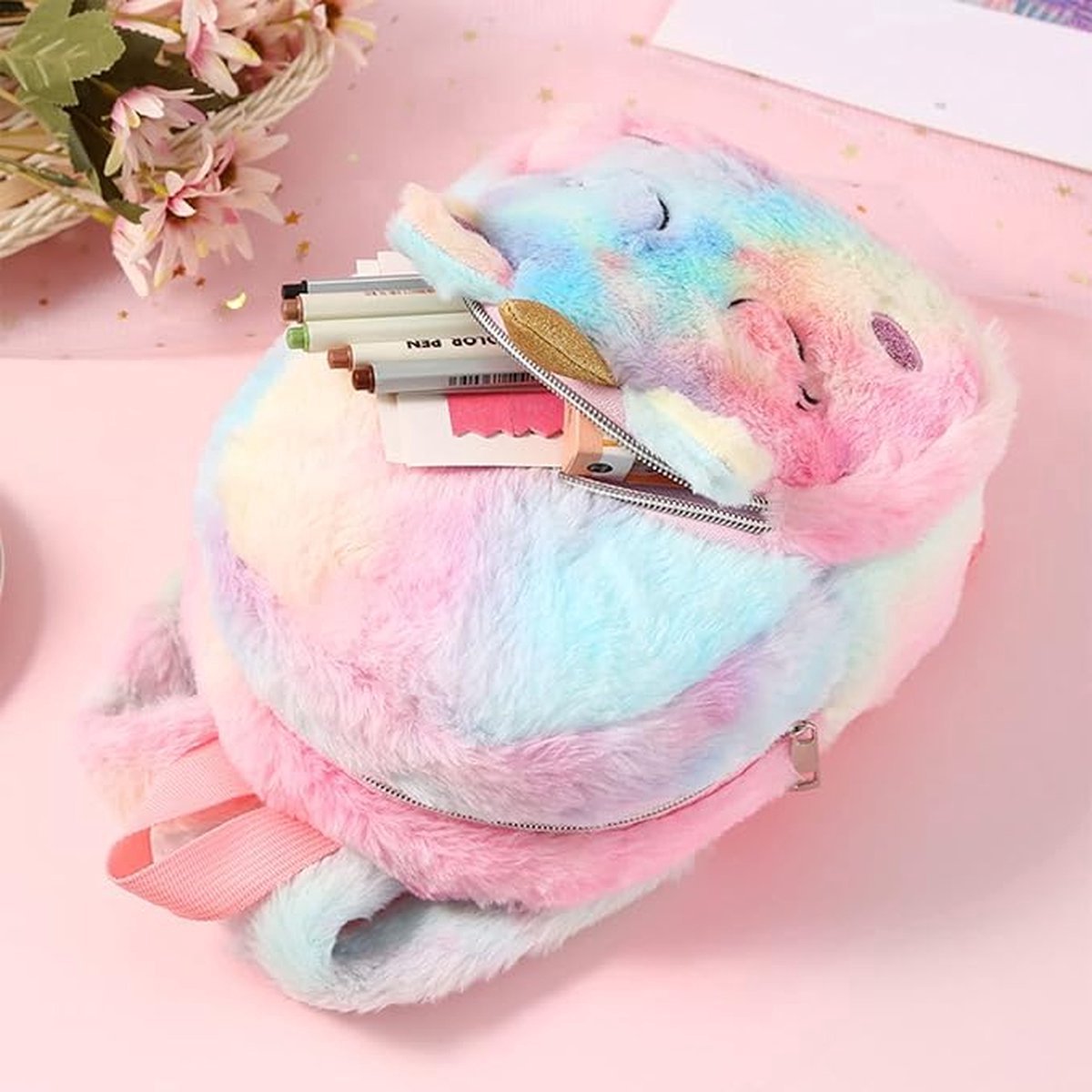 Joya Kids® Unicorn Rugzak Licht Roze met Regenboog Kuif | Fluffy Kinderrugzak | Eenhoorn Backpack | Grote Ogen | Regenboog Eenhoorn – foto 2