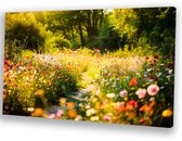 Prairie fleurie ensoleillée avec lumière - Toile imprimée champ de fleurs - Impressionnisme - Peinture moderne - Œuvre d'art - Toile 70x50 cm