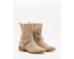 Dames Enkellaarzen - Beige - Suedine - Maat 37 -