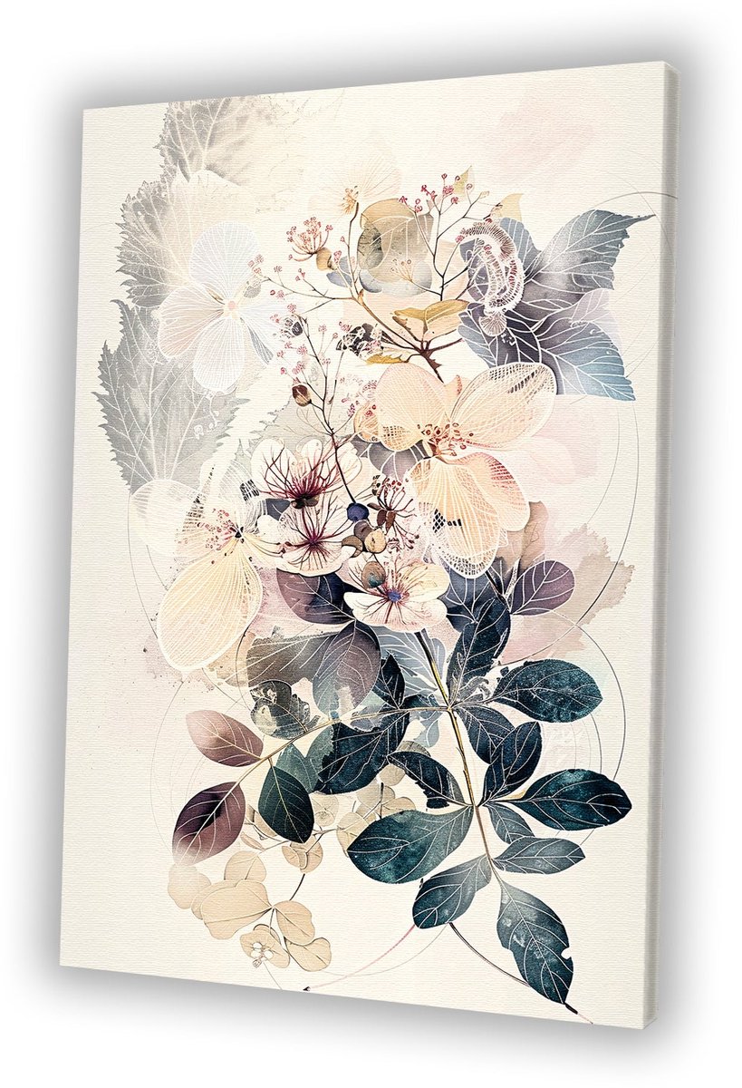 Botanische kunst met bloemen en bladeren - Bloemen canvas kunst - Schilderijen canvas blad