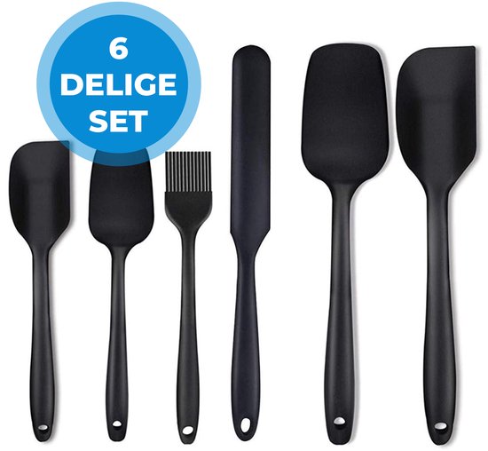 Set d'ustensiles de cuisine en Siliconen - 6 Set - Cuillères, grattoirs, brosse - Résistant à la chaleur jusqu'à 230 °C - Sans BPA - Passe au lave-vaisselle - Antiadhésif - Anti-rayures - Pour la cuisson et la pâtisserie - Zwart
