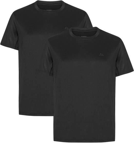 Twee zwarte sport T-shirts met ronde hals en een klein logo op de borst.