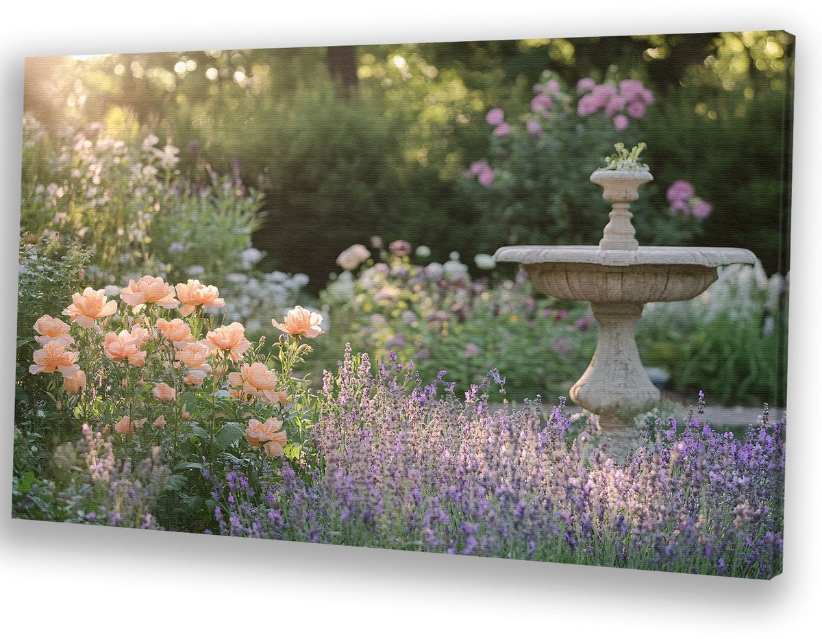 Romantische tuin met bloemen en fontein - Natuur wanddecoratie - Kunstwerk bloemen - Impre