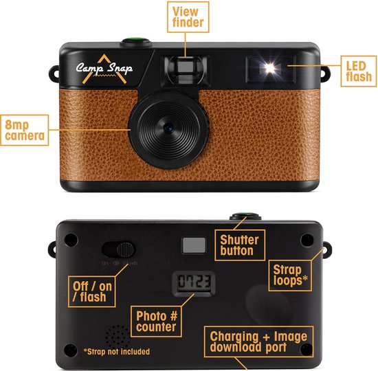 Appareil photo numérique Campsnap - Sans écran - Rechargeable - 2000 photos - Vintage - Carte mémoire incluse - Résistant - Marron