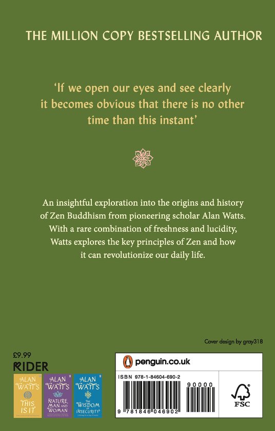 Achterkant van Alan Watts' 'The Way of Zen' boek, met tekst over de inhoud en ISBN-informatie.
