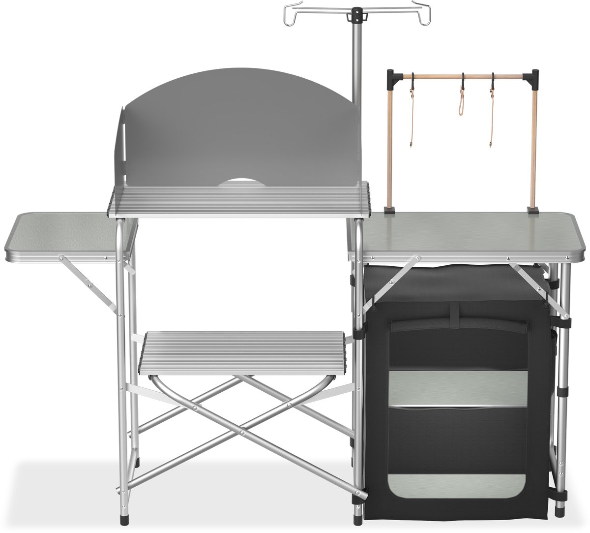 Aufun Opvouwbare Campingkeuken Aluminium Outdoor Keukenkast met 3 Werkbladen, Opbergkast, Lampstandaard en 4 Haken, Draagbare Campingtafel voor Kamperen, Buiten en Tuin, Zilver