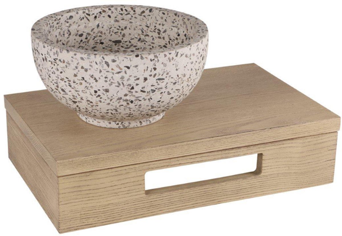 Differnz fontein – 40x25x10 cm – terrazzo zwart-wit – zonder kraan – met licht eiken frame