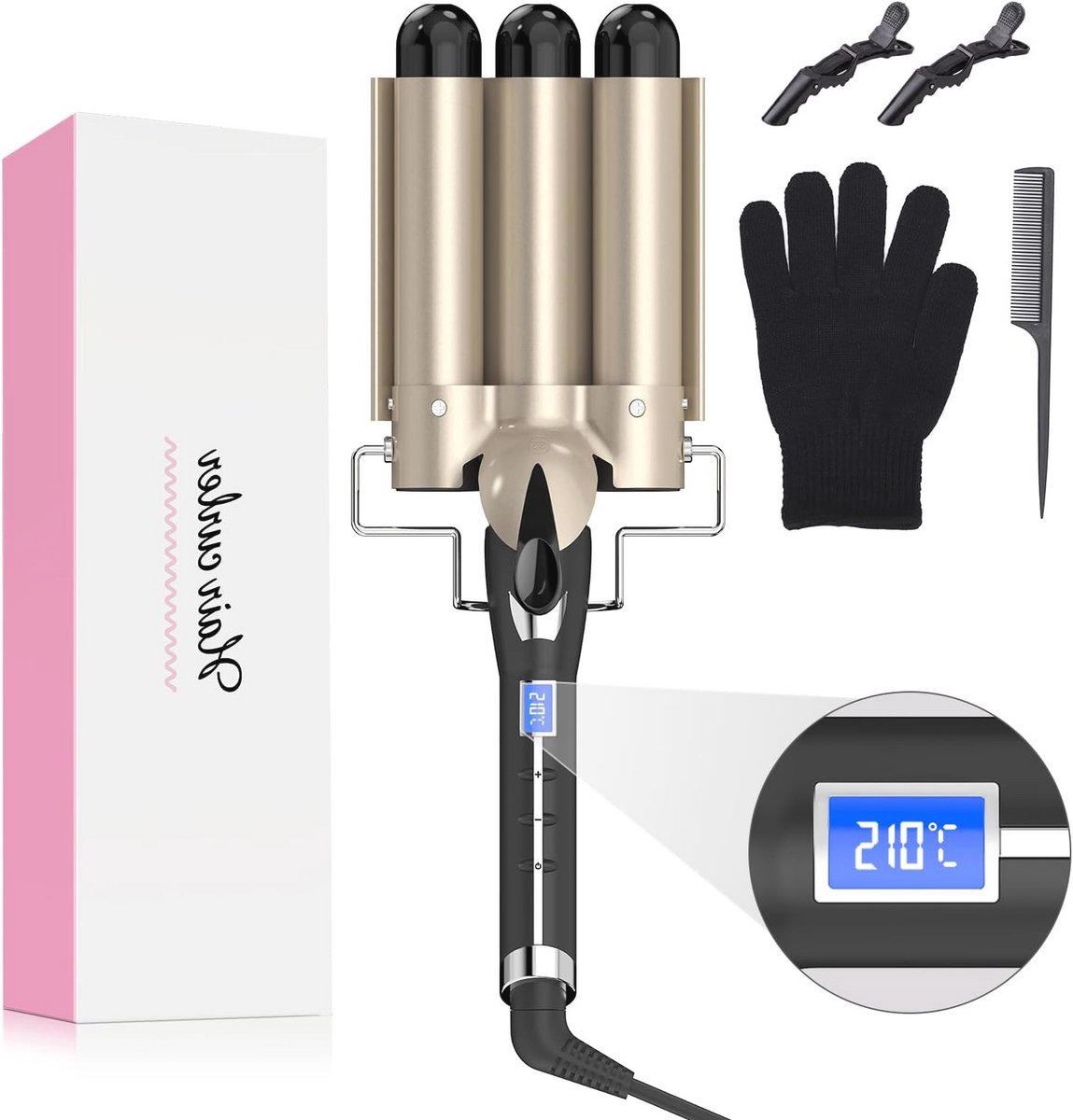 32MM Krultang voor Golven – Keramische Coating, 14 Temperatuurinstellingen, ION Technologie, Binnen 30 Seconden Opgewarmd, Inclusief Handschoenen