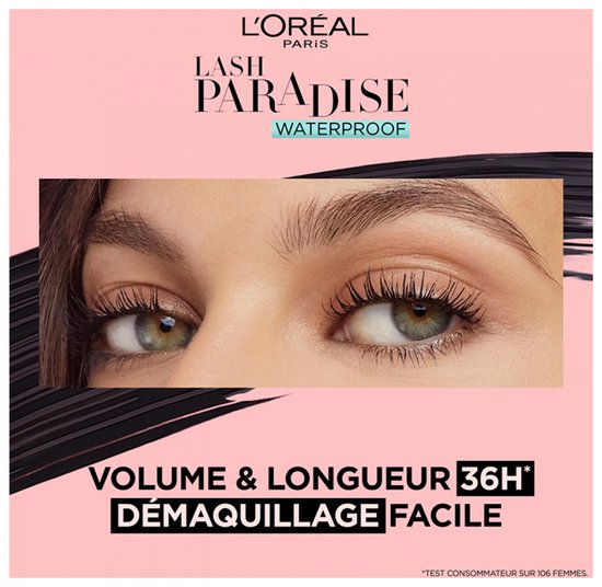 Close-up van groene ogen met volumineuze, lange zwarte wimpers na gebruik van Lash Paradise Waterproof mascara.