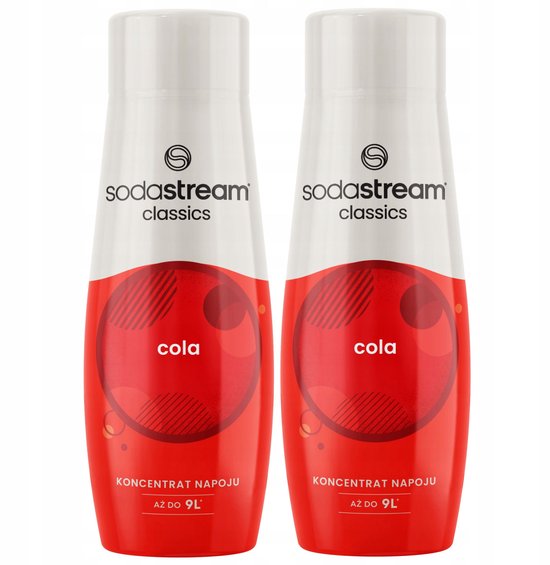 Twee witte Sodastream flessen met rode cola opdruk en cirkels.