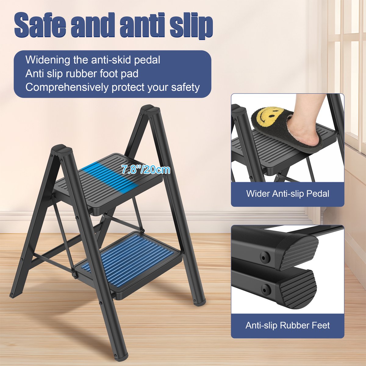 NAIZY Trapladder 2 Treden Inklapbare Ladder Vouwladder, Huishoudladder, Opstapje met 30x20cm Brede Treeplank tot 250KG Belastbaar, Zwart – foto 5