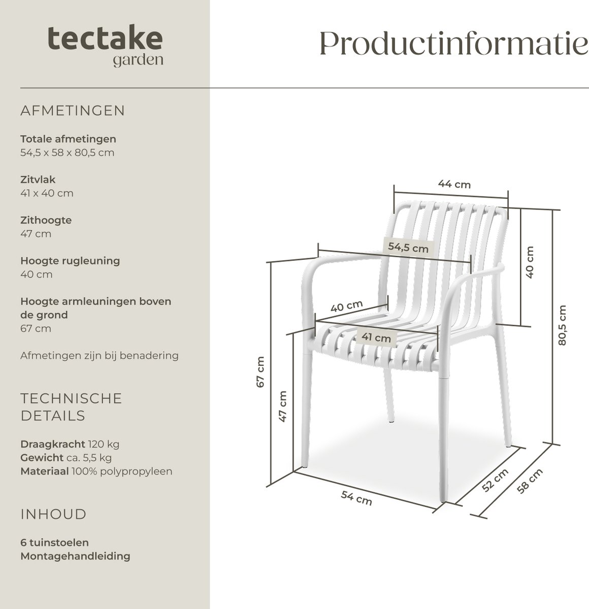 tectake® Set van 6 Tuinstoelen Alcudia - Creme - Kunststof Stoelen met Armleuning - Tuinset voor om de Tuintafel of op de Camping Stapelbaar - Stoelen voor Tuin, Terras of Balkon - Weerbestendig en UV-bestendig - Draagkracht 120kg per Tuinstoel – foto 8