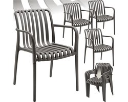 tectake® Set van 4 Tuinstoelen Alcudia – Antraciet – Kunststof Stoelen met Armleuning – Tuinset voor om de Tuintafel of op de Camping – Stapelbaar – Stoelen voor Tuin, Terras of Balkon – Weerbestendig en UV-bestendig – Draagkracht 120kg per Tuinstoel