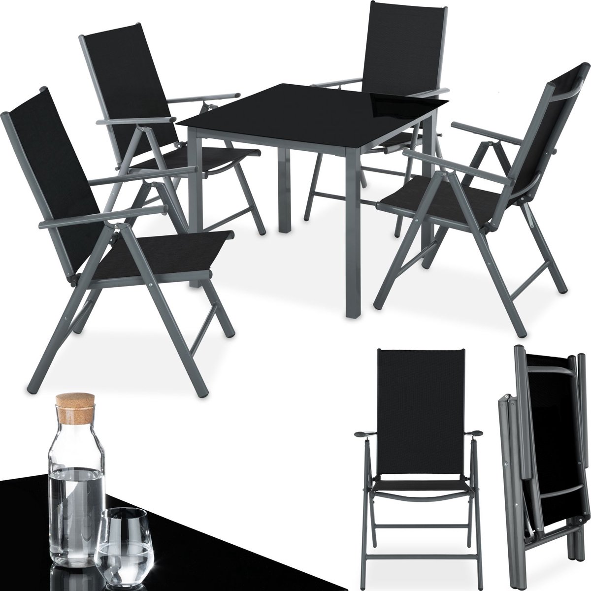 tectake® - Aluminium Tuinset - Zitgroep met 4 Tuinstoelen en 1 Tuintafel - Donkergrijs - Tuinmeubelset voor 4 Personen - Weerbestendig en UV-bestendig - Stoelen met verstelbare Rugleuning - Tuintafelset