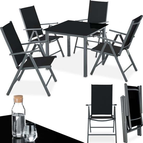 tectake® - Aluminium Tuinset - Zitgroep met 4 Tuinstoelen en 1 Tuintafel - Donkergrijs - Tuinmeubelset voor 4 Personen - Weerbestendig en UV-bestendig - Stoelen met verstelbare Rugleuning - Tuintafelset