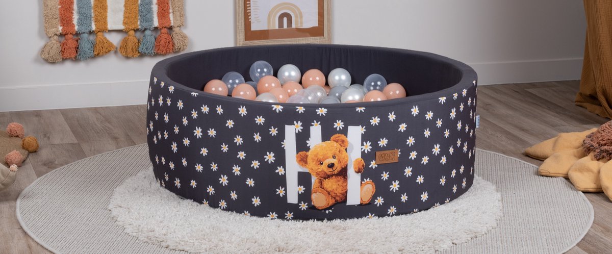 Ballenbak Baby - Speelgoed 1 jaar, 2 jaar, 3 jaar - Hi Beer Ballenbad - Ballenbakken - Gomoor - 100% Katoen en BPA vrije ballen 200 stuks Ø 7 cm - Ballen Licht Orange, Zilver, Parel en Parelmoer