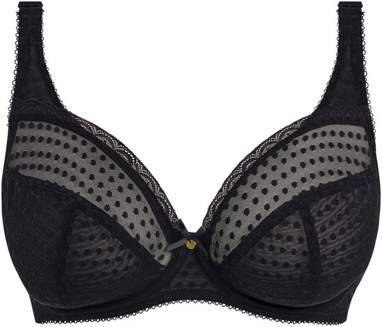 Zwarte Freya plunge beha met polkadot-mesh en kanten afwerking.