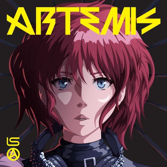 Anime-afbeelding van een vrouw met roze haar, blauwe ogen en een zwarte outfit, met de tekst ARTEMIS erboven.