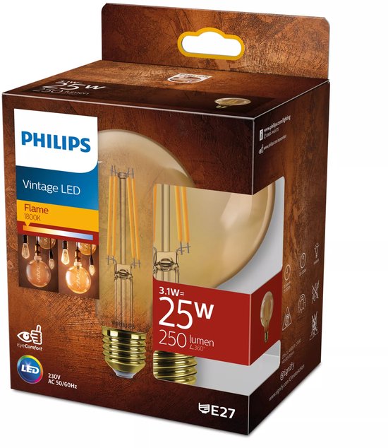 Philips Vintage LED Dimbare lamp 15W Extra warmwit licht: 1800K