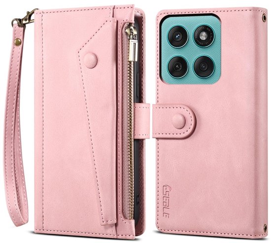 Roze portemonnee hoesje met rits, drukknoopsluiting, polsbandje en achterkant voor telefoon met camera-opening.