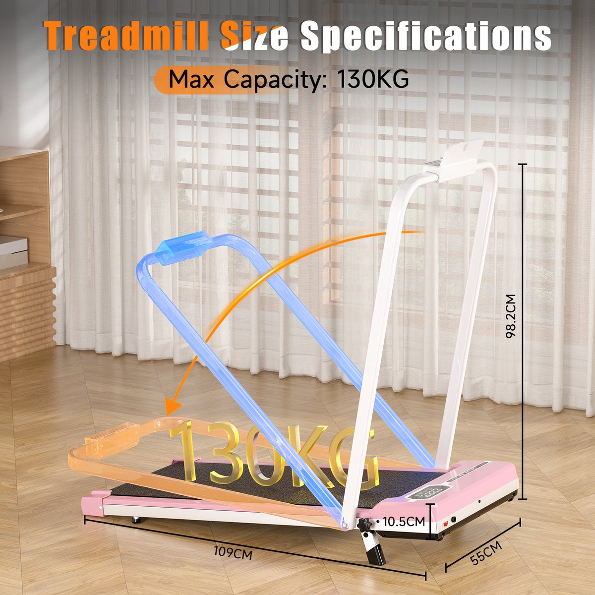 Afbeelding 3 van 3 in 1 Opvouwbare loopband met 5% helling - Elektrische loopband - Wandelpad 1-8 km/u - 2,5 pk motor - met afstandsbediening - Roze