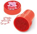 Twee rode Peppa Pig stempels, waarvan één met Peppa Pig afbeelding en de andere de afdruk.