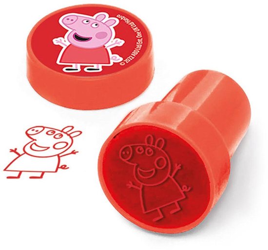 Twee rode Peppa Pig stempels, waarvan één met Peppa Pig afbeelding en de andere de afdruk.