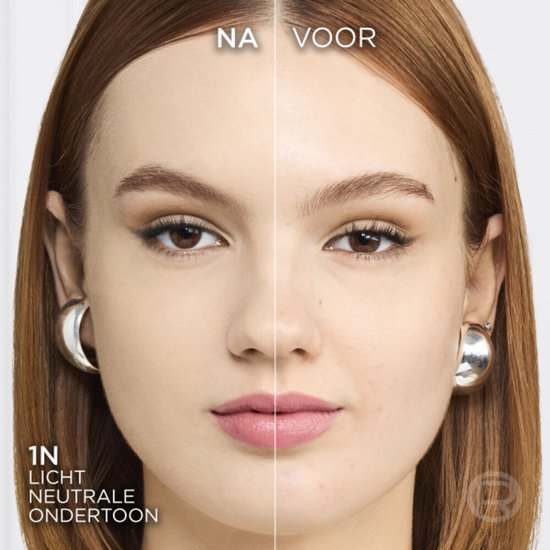 Dubbele gezichtsfoto van een vrouw. Links 'Na' met foundation, rechts 'Voor' zonder. Tekst: 1N licht neutrale ondertoon.