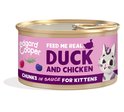 Edgard & Cooper blikje kattenvoer Duck and Chicken, 'Feed me real' in roze met kittenafbeelding.
