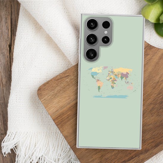 Telefoonhoesje Geschikt voor Samsung Galaxy S23 Ultra hoesje - Wereldkaart - Realistisch - Kaart - Siliconen Telefoonhoesje Telefoonhoesje