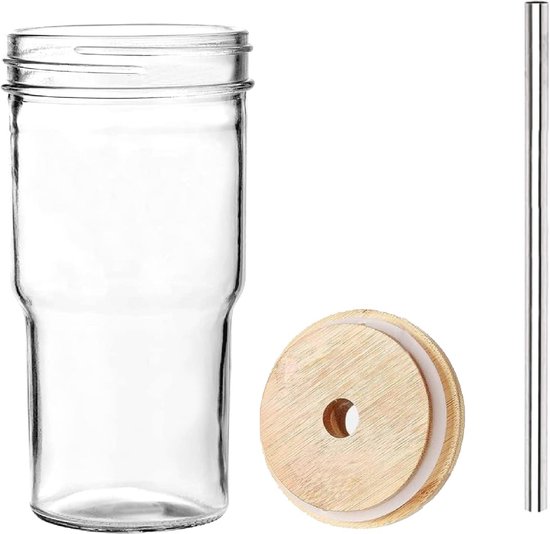 INSETLAN 760ml Geribbelde Glazen Beker Met Deksel En Rietje - 2 Stuks - IJskoffie Glas Met Handvat