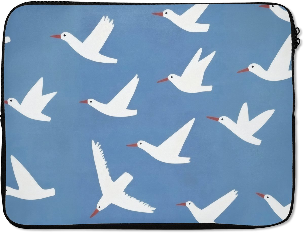 Laptophoes 15.6 inch - Vogels - Wit - Patroon - Laptop sleeve - Binnenmaat 37x26 cm - Zwarte achterkant