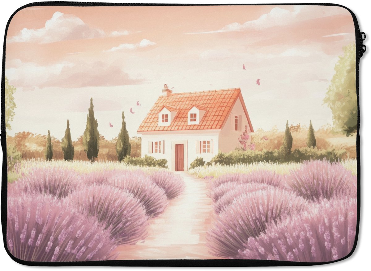 Laptophoes 13 inch - Lavendelveld - Huis - Paars - Laptop sleeve - Binnenmaat 32x22,5 cm - Zwarte achterkant