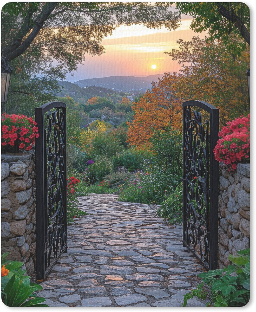 Muismat 19x23 cm - Mousepad Landschap - Hek - Pad - Zonsondergang - Natuur - Muismatten