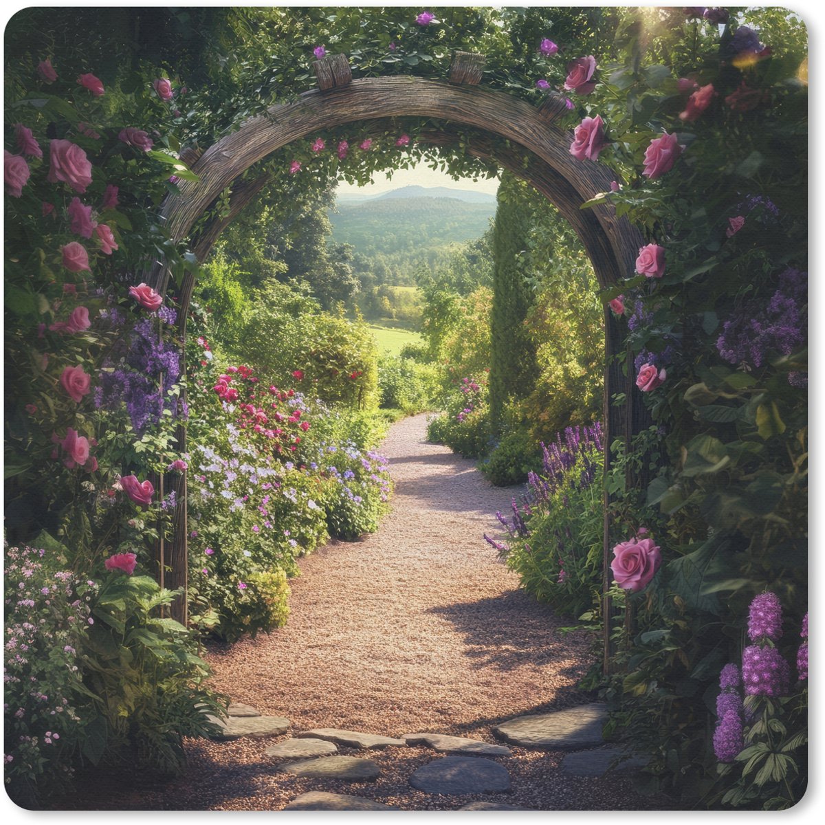Muismat 20x20 cm - Mousepad Doorkijk - Bloemen - Natuur - Rozenboog - Muismatten