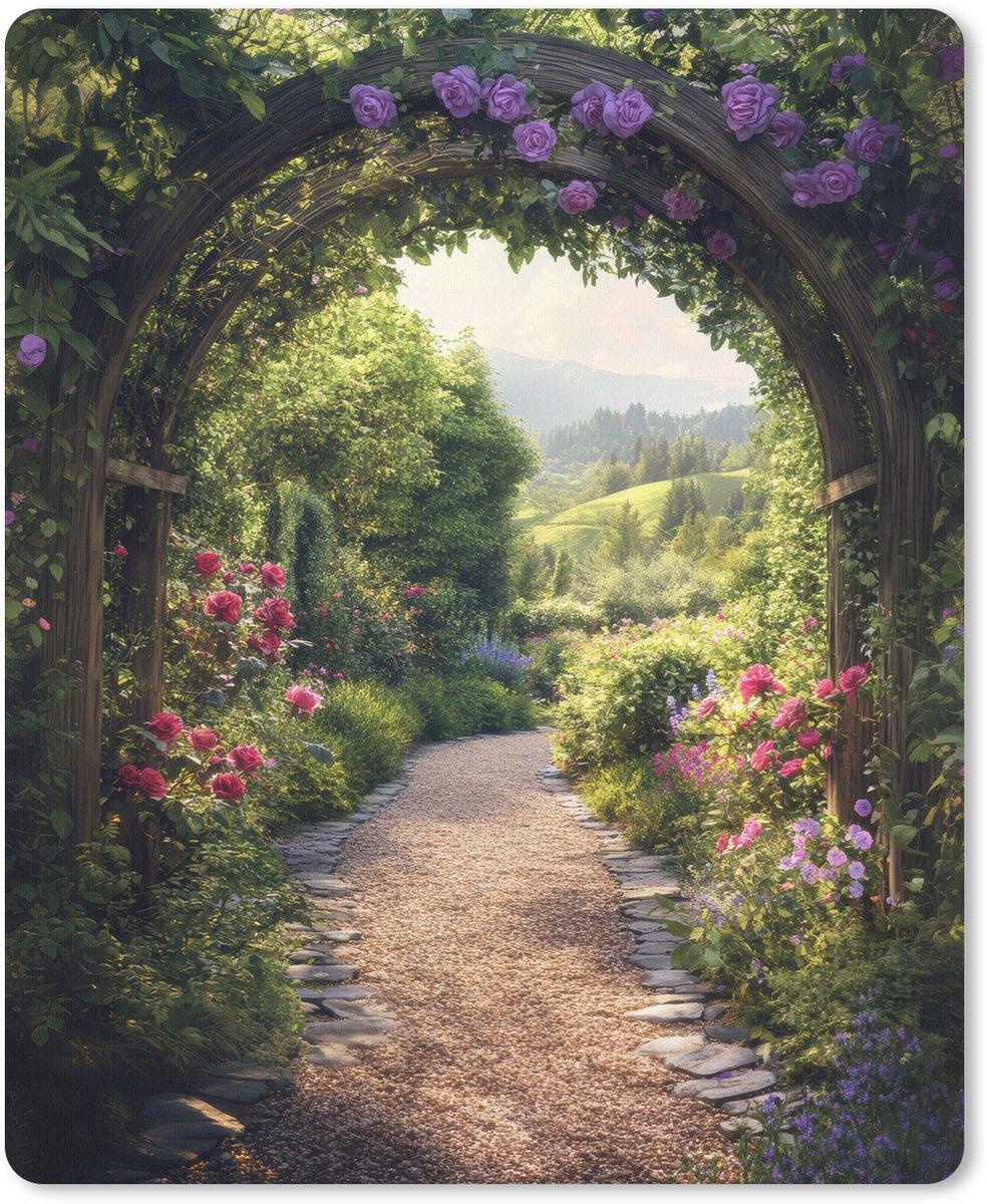 Muismat 19x23 cm - Mousepad Doorkijk - Landschap - Bloemen - Tuinboog - Natuur - Muismatten