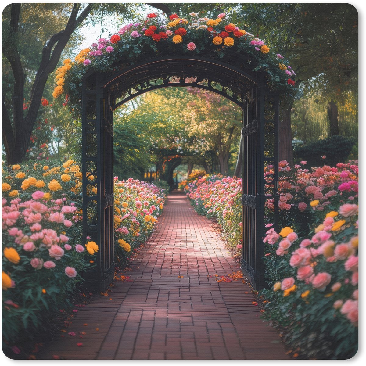Muismat 20x20 cm - Mousepad Doorkijk - Bloemen - Pad - Natuur - Kleurrijk - Muismatten