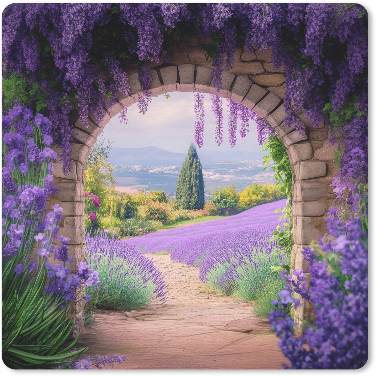 Muismat 20x20 cm - Mousepad Doorkijk - Lavendel - Bloemen - Paars - Poort - Muismatten