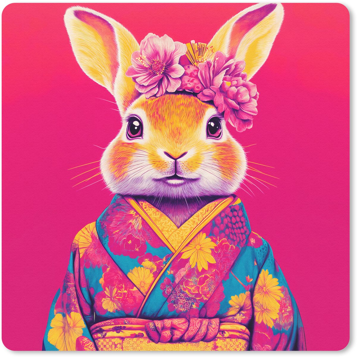Muismat 30x30 cm - Mousepad Konijn - Bloemen - Kleurrijk - Kimono - Muismatten