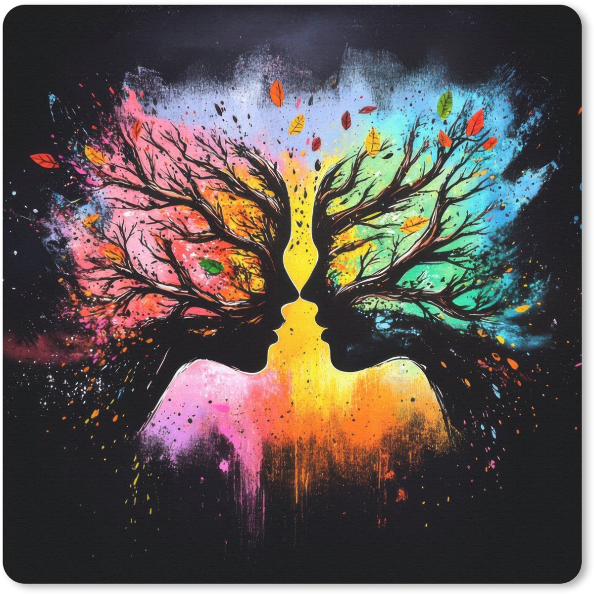Muismat 30x30 cm - Mousepad Gezichten - Silhouetten - Kleurrijk - Takken - Muismatten
