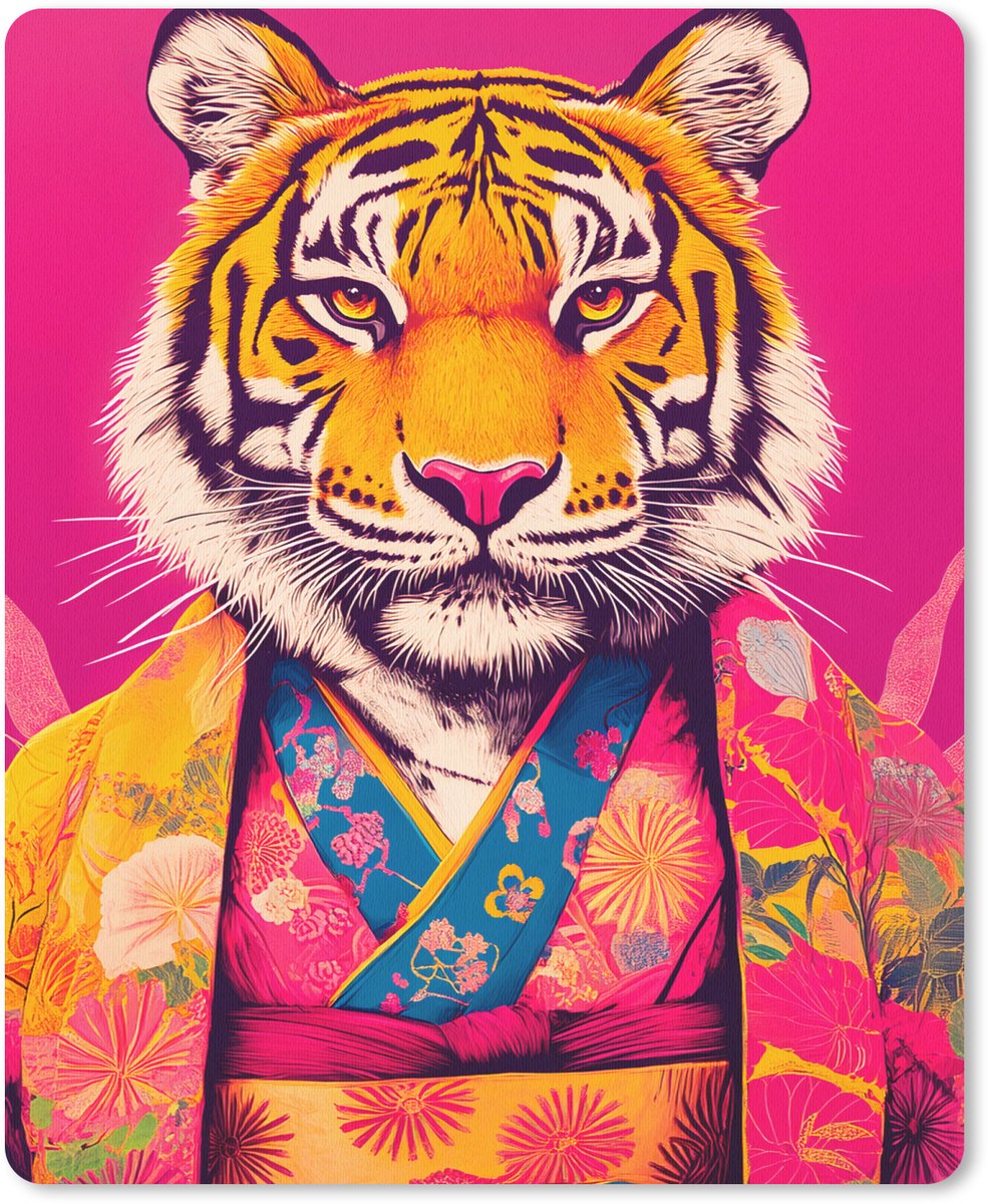 Muismat 19x23 cm - Mousepad Tijger - Kimono - Planten - Roze - Muismatten