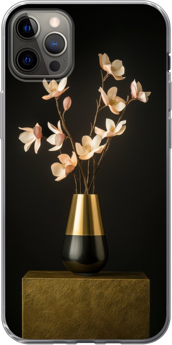 Telefoonhoesje Geschikt voor iPhone 12 Pro Max hoesje - Sierlijk - Boeket - Goud - Vaas - Siliconen Telefoonhoesje Telefoonhoesje